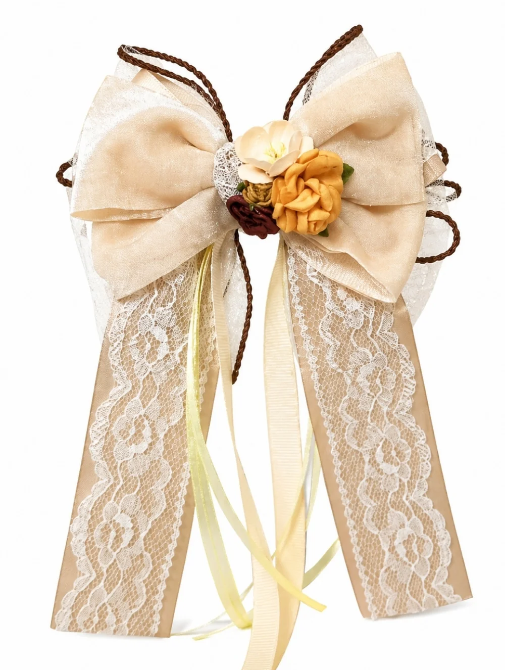 Chic Cream Lace Hair Bow with Floral Accents🎀✨